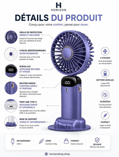 Ventilateur Portable Rechargeable USB – Flexible, 5 Vitesses, Ultra-Silencieux